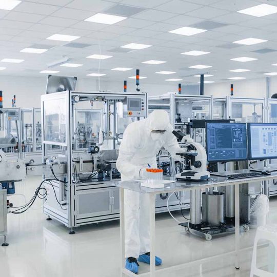 Shot of Sterile Pharmaceutical Manufacturing Laboratory where Scientists in Protective Coverall's Do Research, Quality Control and Work on the Discovery of new Medicine.