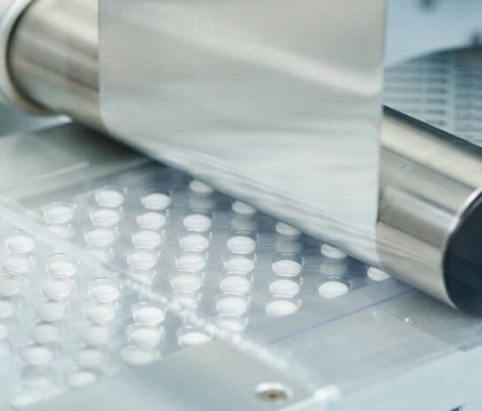 pharmaceutical medicine tablet pill production at pharmacy industry manufacture. blistering conveying system line